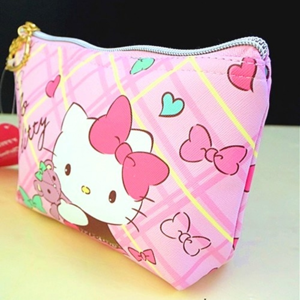 Sanrio Hello Kitty Cosmetic Bag Pink Yellow Plaid - Picture 3 of 5